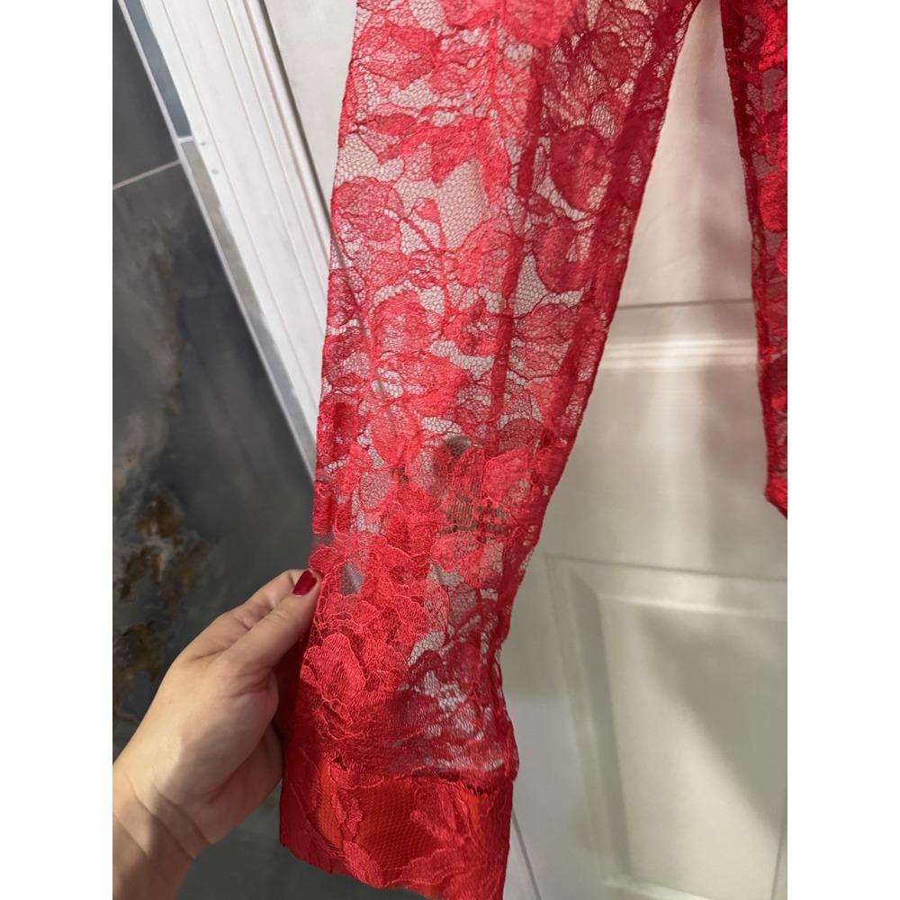 Christopher Kane Womens S Red Floral Lace Sheer Button Front Long Sleeve Blouse - Picture 2 of 10
